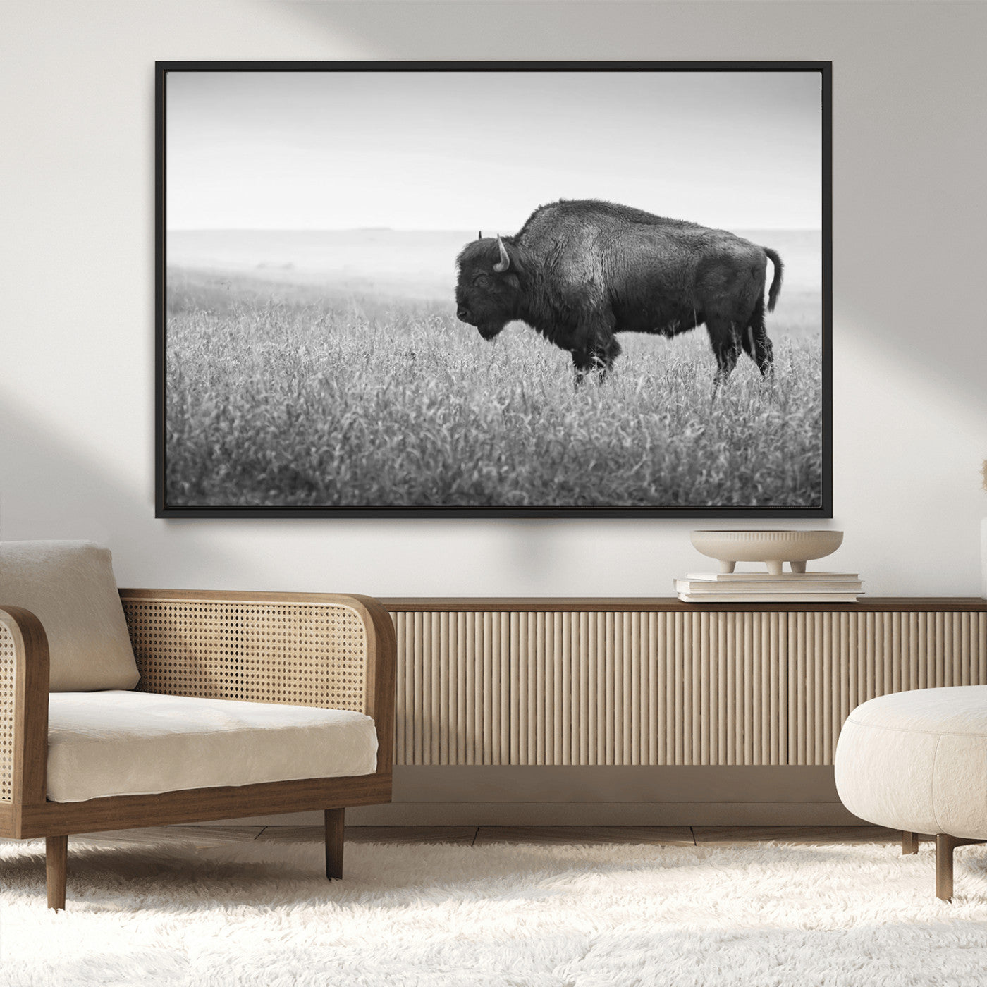 90861202-MGV-CV-36X24-Black and White Bison Canvas Wall Art – Rustic American Buffalo Print, Western Wildlife Photography for Farmhouse, Cabin, Office