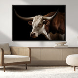 27414857-MGV-CV-36X24-Texas Longhorn Bull Canvas Wall Art – Rustic Western Farmhouse Decor, Brown & White Cow Portrait, Animal Print for Ranch Home