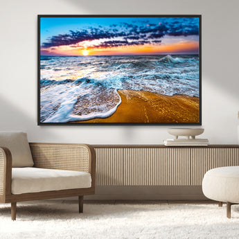 24077769-MGV-CV-36X24-Sunset Beach Wall Art – Ocean Waves Canvas Print, Golden Shoreline Photography Coastal Decor for Living Room, Bedroom, Office,