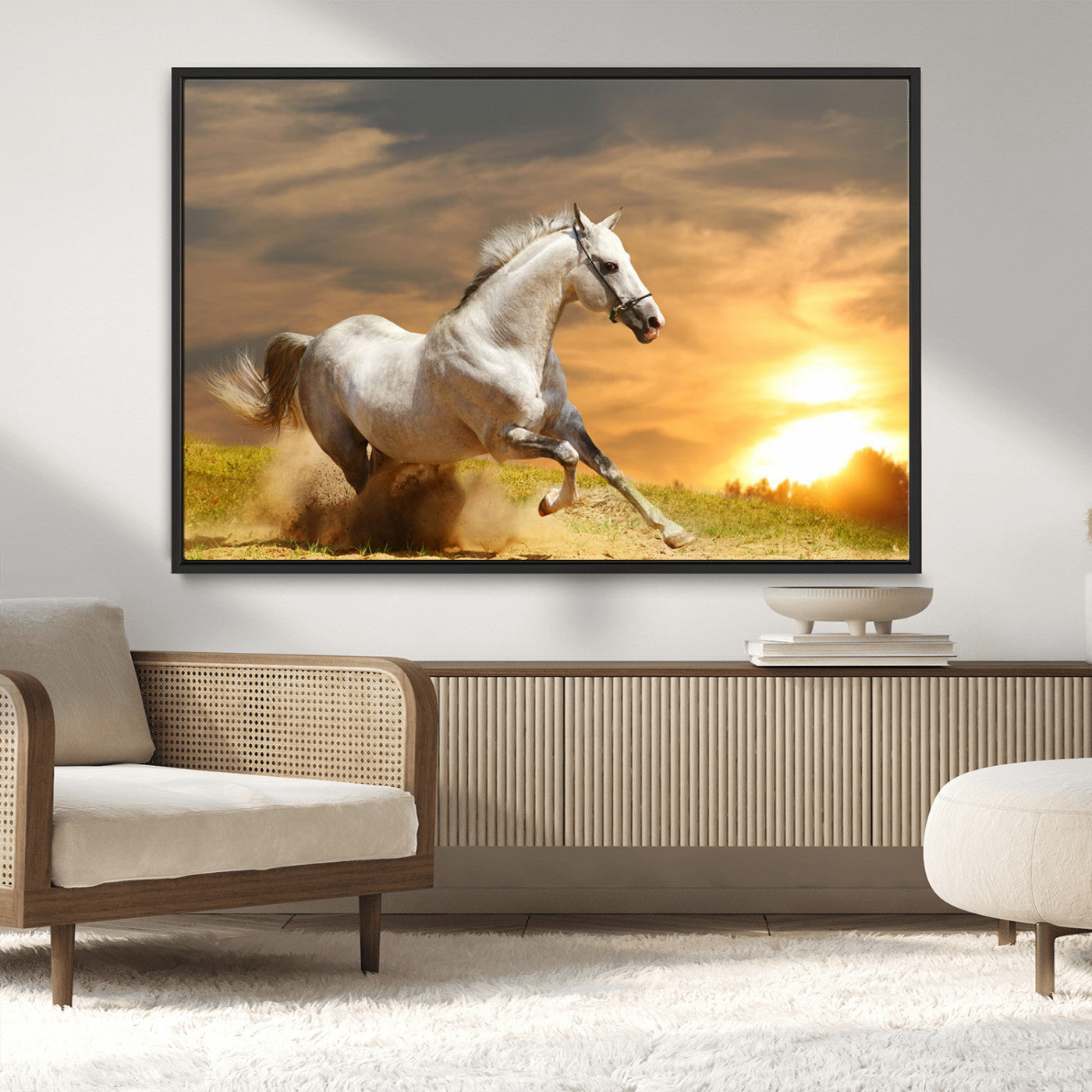 67478480-MGV-FC-36X24_Black-White Horse Running at Sunset Wall Art – Majestic Equestrian Photography Print, Rustic Farmhouse Decor, Golden Sky Horse Lover