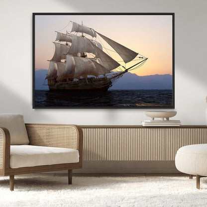 99957679-MGV-CV-36X24-Majestic Sailing Ship Wall Art – Sunset Ocean Voyage, Classic Tall Ship with Wind Filled Sails Canvas Print for Home, Office,