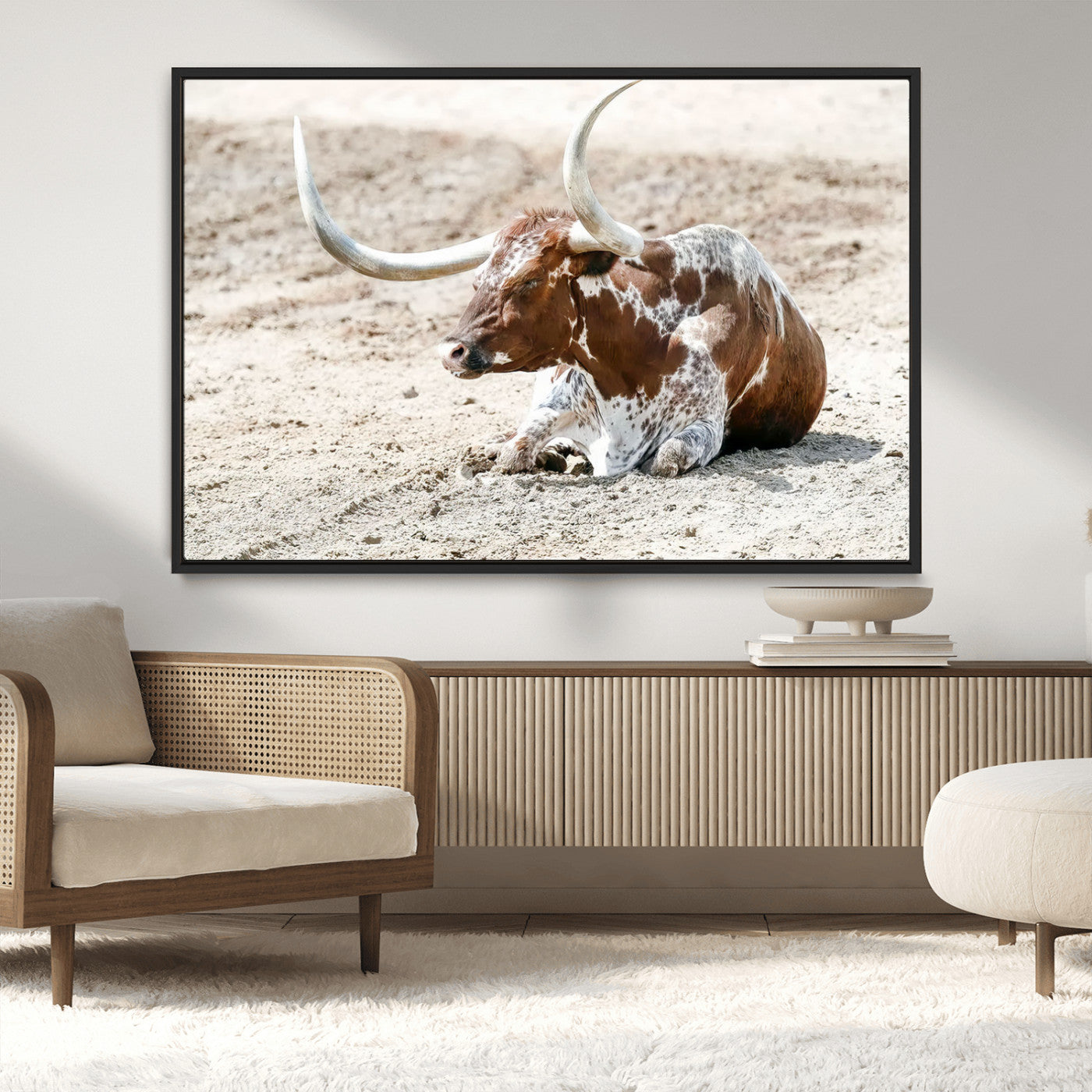89096667-MGV-CV-36X24-Texas Longhorn Wall Art – Rustic Western Canvas Print, Cattle Photography Decor for Ranch House, Living Room, Office, Man Cave