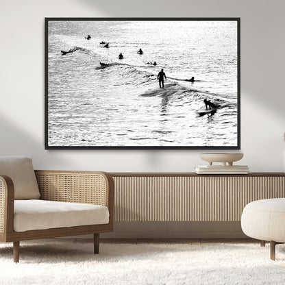 68018616-MGV-CV-36X24-Black and White Surf Photography Print – Minimalist Ocean Wall Art, Surfers Riding Waves, Coastal Beach Decor for Modern Home or