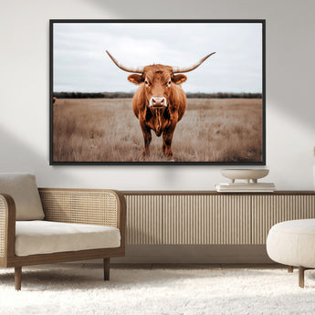 16316734-MGV-CV-36X24-Texas Longhorn Wall Art – Rustic Bull Portrait Canvas Print, Western Farmhouse Animal Photography Decor for Living Room, Office,