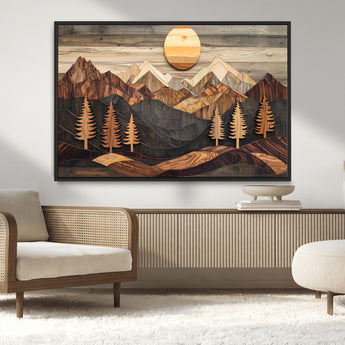 90044381-MGV-CV-36X24-Rustic Wall Art – Wooden Mountain Landscape with Sun and Pine Trees, Handcrafted Nature Canvas Style Decor for Bedroom, Living