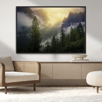 38316884-MGV-CV-36X24-Landscape Wall Art – Misty Mountain Valley Canvas Print, Scenic Pine Forest and Sunrise Photography Decor for Bedroom, Living