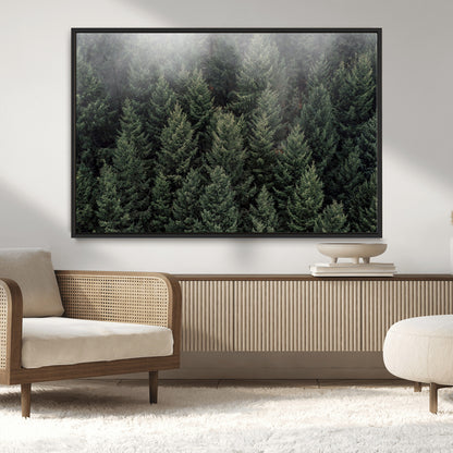 84059409-MGV-CV-36X24-Forest Wall Art – Misty Evergreen Trees Canvas Print, Tranquil Nature Photography Decor for Bedroom, Living Room, Office, Cabin or