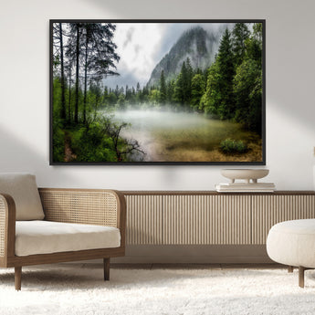 93123937-MGV-CV-36X24-Landscape Wall Art – Misty Mountain Lake Canvas Print, Tranquil Forest and Waterfall Photography Decor for Bedroom, Living Room,