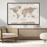 56148717-MGV-CV-36X24-Personalized World Map Wall Art – Neutral Beige & Brown Vintage Adventure Travel Map with Custom Couple Names, Classic Wall Decor