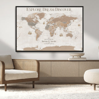 56148717-MGV-CV-36X24-Personalized World Map Wall Art – Neutral Beige & Brown Vintage Adventure Travel Map with Custom Couple Names, Classic Wall Decor