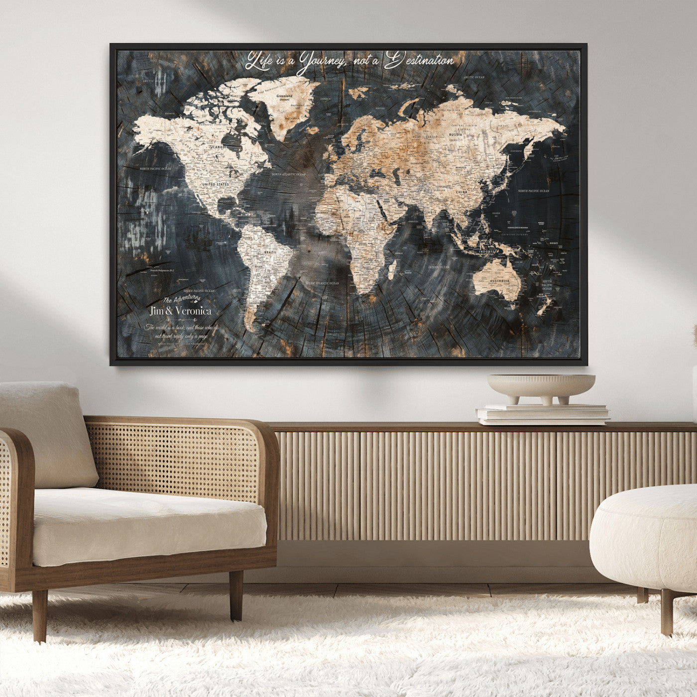 55548943-MGV-CV-36X24-Personalized World Map Wall Art – Rustic Wood Texture Adventure Travel Map with Custom Couple Names, Vintage Dark Wall Decor for