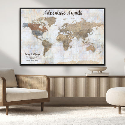 30792405-MGV-CV-36X24-Personalized World Map Wall Art – Rustic Beige Adventure Travel Map with Custom Couple Names, Vintage Wall Decor for Home or