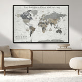 97082026-MGV-CV-36X24-Personalized World Map Wall Art – Vintage Gray Adventure Travel Map with Custom Couple or Family Names, Rustic Wall Decor for Home
