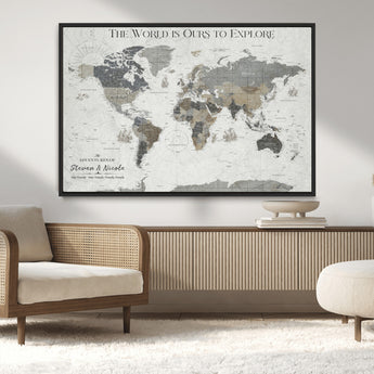 97082026-MGV-CV-36X24-Personalized World Map Wall Art – Vintage Gray Adventure Travel Map with Custom Couple or Family Names, Rustic Wall Decor for Home