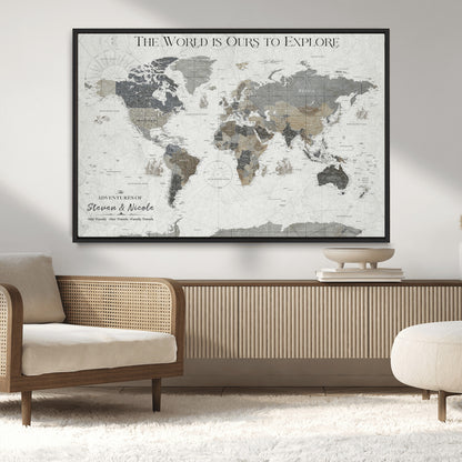 97082026-MGV-CV-36X24-Personalized World Map Wall Art – Vintage Gray Adventure Travel Map with Custom Couple or Family Names, Rustic Wall Decor for Home