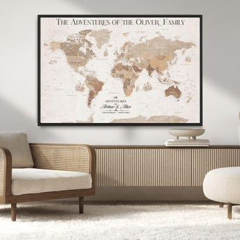 43869621-MGV-CV-36X24-Personalized World Map Wall Art – Light Beige Sepia Adventure Travel Map with Custom Family or Couple Names, Rustic Wall Decor for