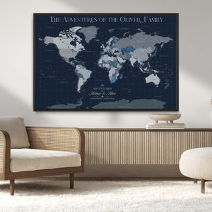 76726424-MGV-CV-36X24-Personalized World Map Wall Art – Navy Blue & Grey Adventure Travel Map with Custom Family or Couple Names, Modern Wall Decor for