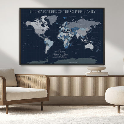 76726424-MGV-CV-36X24-Personalized World Map Wall Art – Navy Blue & Grey Adventure Travel Map with Custom Family or Couple Names, Modern Wall Decor for