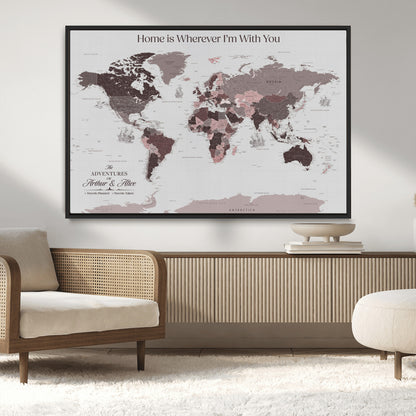 33204797-MGV-CV-36X24-Personalized World Map Wall Art – Burgundy & Grey Adventure Travel Map with Custom Names, Romantic Wall Decor for Couples, Home or