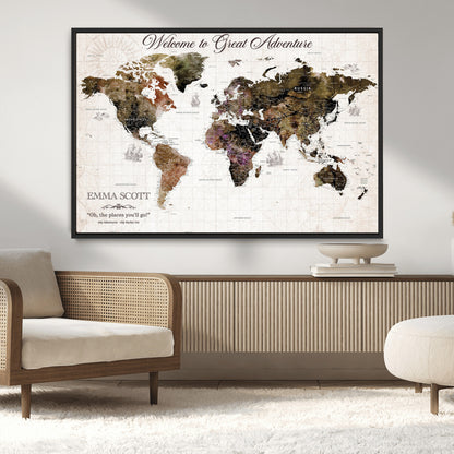 33631532-MGV-CV-36X24-Personalized World Map Wall Art – Dark Vintage Adventure Travel Map with Custom Names, Rustic Wall Decor for Couples, Home or