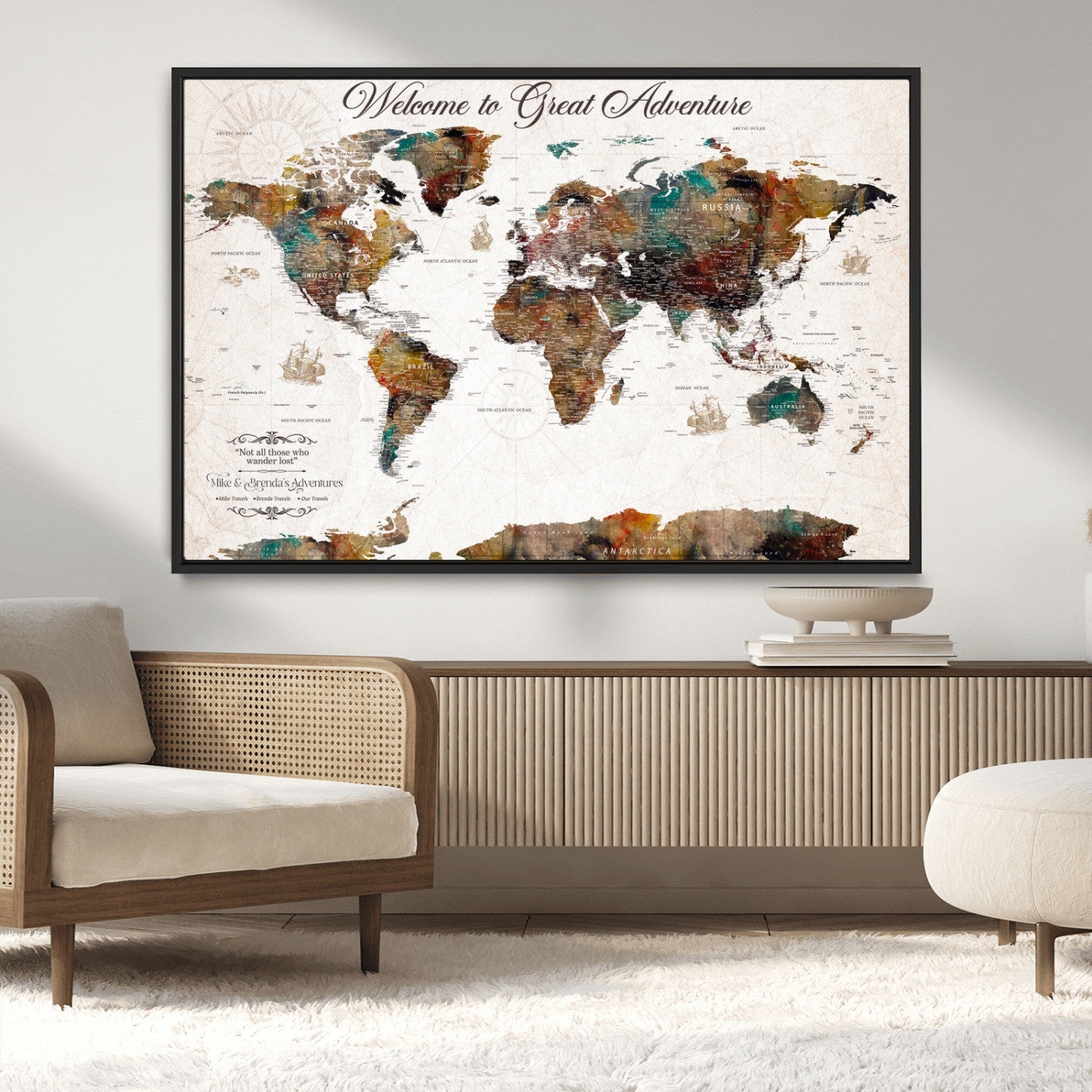 67029173-MGV-CV-36X24-Personalized World Map Wall Art – Colorful Vintage Adventure Travel Map with Custom Couple Names, Rustic Wall Decor for Home,