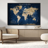 71052542-MGV-CV-36X24-Personalized World Map Wall Art – Rustic Navy Blue Adventure Travel Map with Custom Couple Names, Vintage Wall Decor for Home or