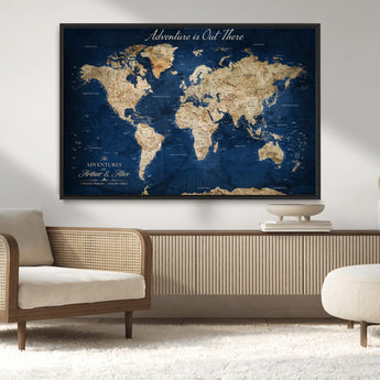 71052542-MGV-CV-36X24-Personalized World Map Wall Art – Rustic Navy Blue Adventure Travel Map with Custom Couple Names, Vintage Wall Decor for Home or