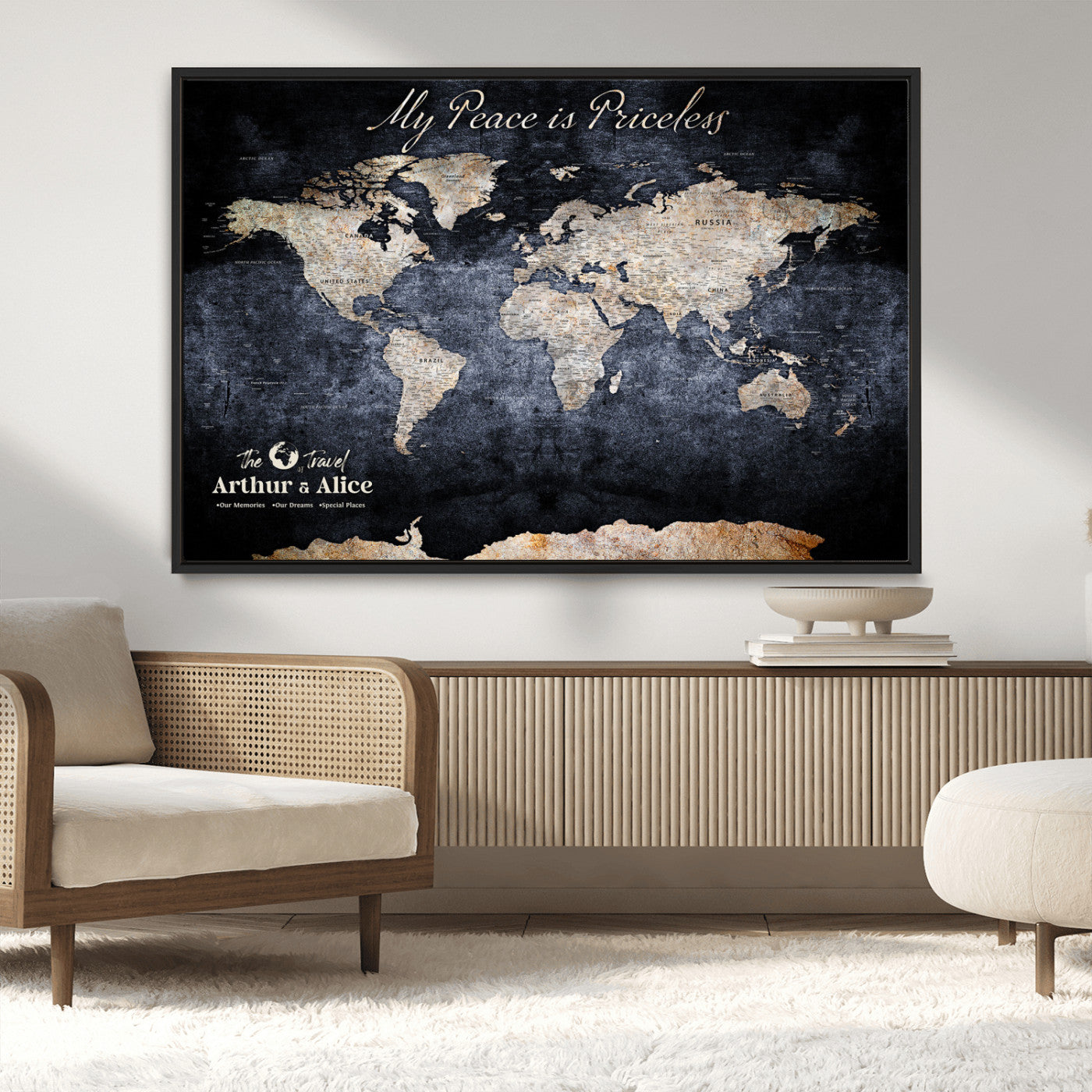 85403043-MGV-CV-36X24-Personalized World Map Wall Art – Dark Blue Rustic Adventure Map with Custom Couple Names, Vintage Wall Decor for Home or Travel