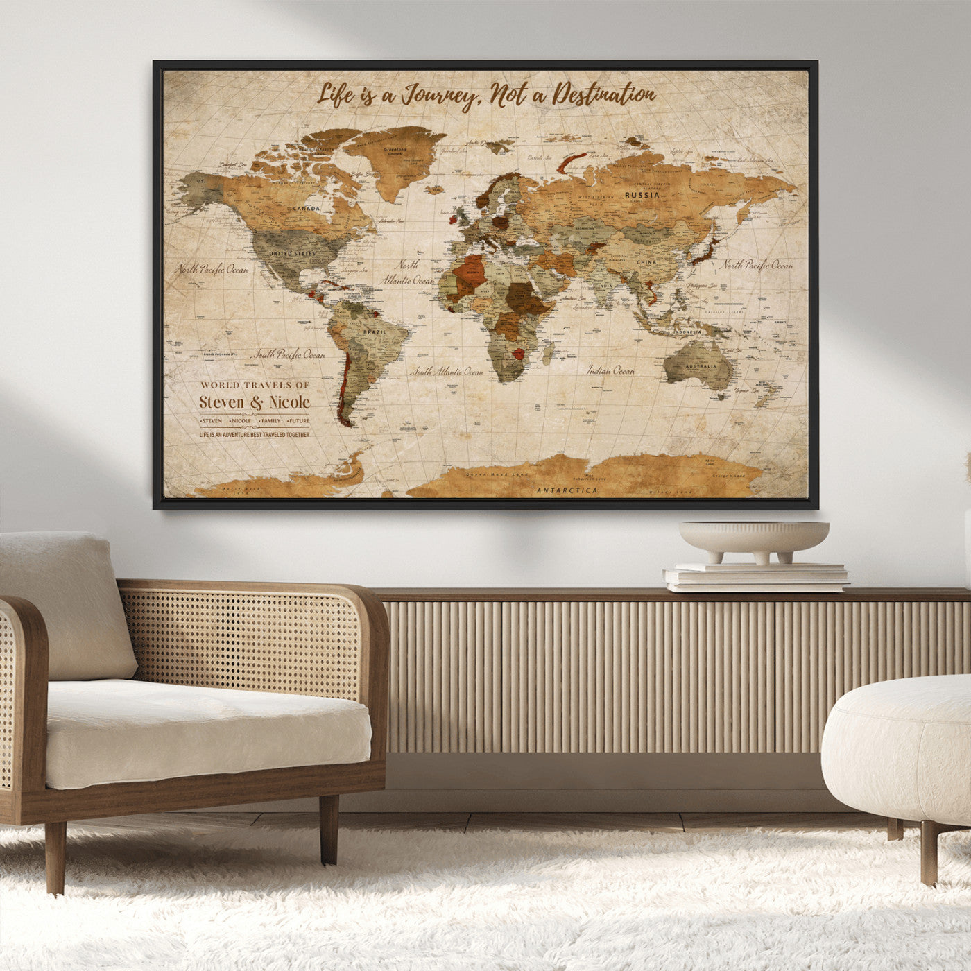 75179116-MGV-CV-36X24-Personalized World Map Wall Art – Rustic Vintage Travel Map with Custom Names, Inspirational Adventure Décor for Couples, Families