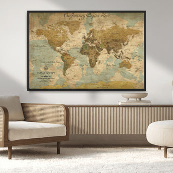 54795344-MGV-CV-36X24-Personalized World Map Wall Art – Vintage Adventure Travel Map with Custom Names, Rustic Wall Décor for Couples, Families