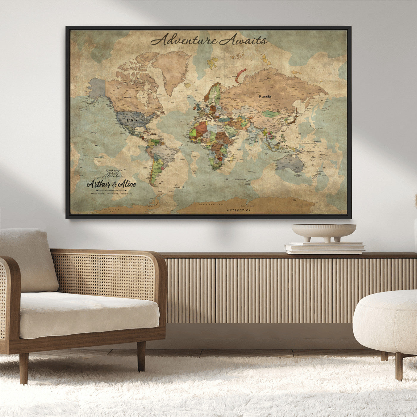 62500285-MGV-CV-36X24-Personalized World Map Wall Art – Rustic Watercolor Adventure Awaits Travel Map with Custom Couple Names, Vintage Wall Decor for