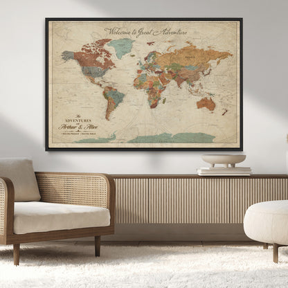 43497401-MGV-CV-36X24-Personalized World Map Wall Art – Vintage Rustic Adventure Travel Map with Custom Couple Names, Welcome to Great Adventure Wall