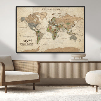 62766900-MGV-CV-36X24-Personalized World Map Wall Art – Antique Parchment Adventure Travel Map with Custom Couple Names, Rustic Wall Decor for Home,