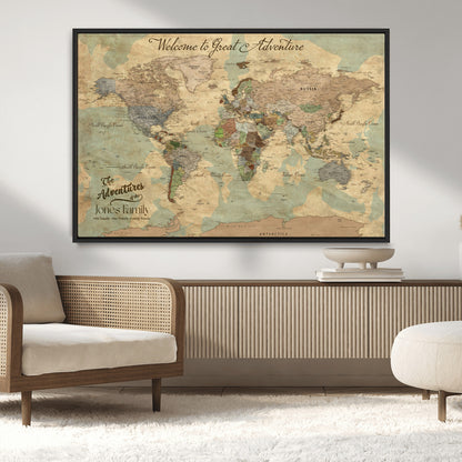 32019746-MGV-CV-36X24-Personalized World Map Wall Art – Vintage Camo Adventure Travel Map with Custom Family Names, Rustic Wall Decor for Couples, Home