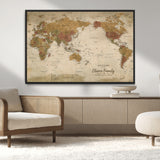 31874045-MGV-CV-36X24-Personalized World Map Wall Art – Vintage Earth Tone Adventure Map with Custom Family Names, Rustic Travel Decor for Home, Couples