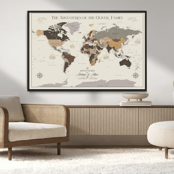 40679469-MGV-CV-36X24-Personalized World Map Wall Art – Neutral Tones Adventure Travel Map with Custom Family Names, Rustic Wall Decor for Living Room