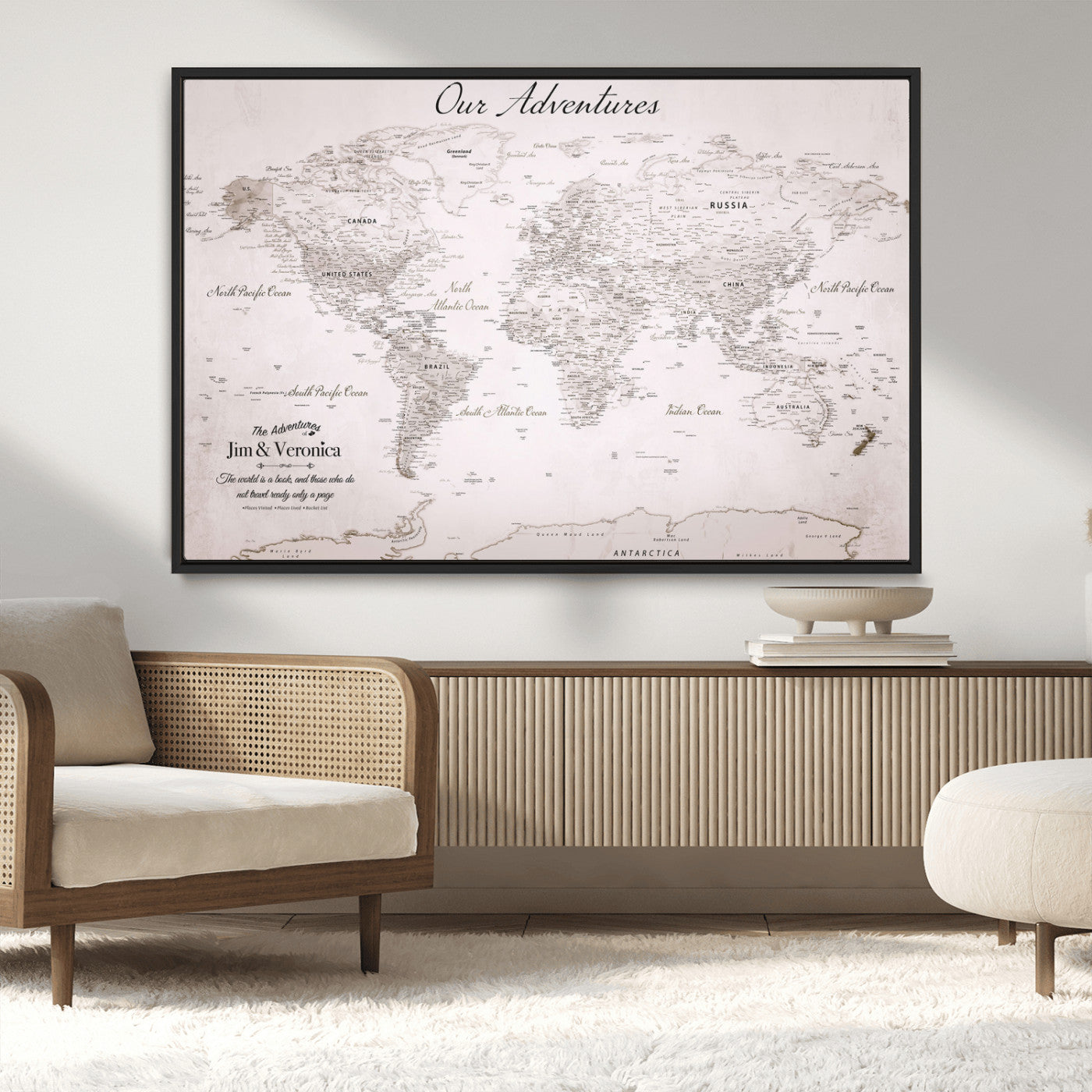 11706567-MGV-CV-36X24-Personalized World Map Wall Art – Minimalist Beige Adventure Travel Map with Custom Names, Elegant Push Pin Canvas for Couples,