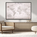 11706567-MGV-CV-36X24-Personalized World Map Wall Art – Minimalist Beige Adventure Travel Map with Custom Names, Elegant Push Pin Canvas for Couples,
