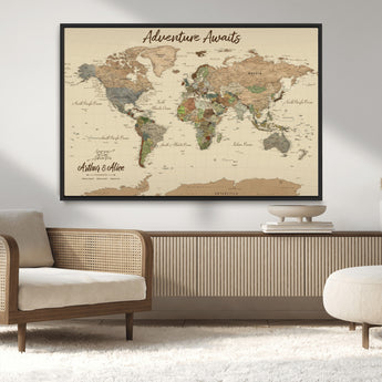 53442996-MGV-CV-36X24-Personalized World Map Wall Art – Adventure Awaits Vintage Travel Map with Custom Couple Names, Rustic Wall Decor for Home,