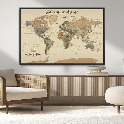 53442996-MGV-CV-36X24-Personalized World Map Wall Art – Adventure Awaits Vintage Travel Map with Custom Couple Names, Rustic Wall Decor for Home,