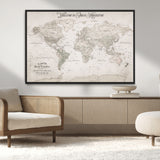 93034948-MGV-CV-36X24-Personalized World Map Wall Art – Vintage Beige Adventure Travel Map with Custom Names, Elegant Push Pin Canvas for Couples,