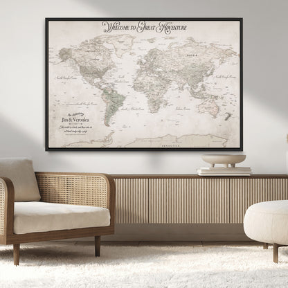 93034948-MGV-CV-36X24-Personalized World Map Wall Art – Vintage Beige Adventure Travel Map with Custom Names, Elegant Push Pin Canvas for Couples,