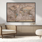 93226713-MGV-CV-36X24-Personalized World Map Wall Art – Adventure Awaits Rustic Earth-Tone Travel Map with Custom Names, Vintage Wall Decor for Couples,