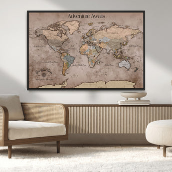 93226713-MGV-CV-36X24-Personalized World Map Wall Art – Adventure Awaits Rustic Earth-Tone Travel Map with Custom Names, Vintage Wall Decor for Couples,