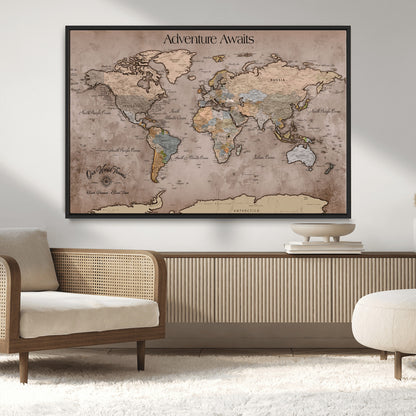 93226713-MGV-CV-36X24-Personalized World Map Wall Art – Adventure Awaits Rustic Earth-Tone Travel Map with Custom Names, Vintage Wall Decor for Couples,
