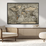 72658967-MGV-CV-36X24-Personalized World Map Wall Art – Adventure Awaits Rustic Sepia Travel Map with Custom Names, Vintage Wall Decor for Couples, Home