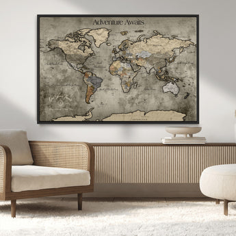 72658967-MGV-CV-36X24-Personalized World Map Wall Art – Adventure Awaits Rustic Sepia Travel Map with Custom Names, Vintage Wall Decor for Couples, Home