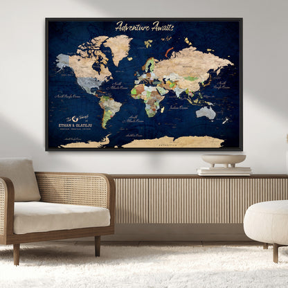 80965072-MGV-CV-36X24-Personalized World Map Wall Art – Adventure Awaits Navy Blue Travel Map with Custom Names, Rustic Vintage Wall Decor for Couples,
