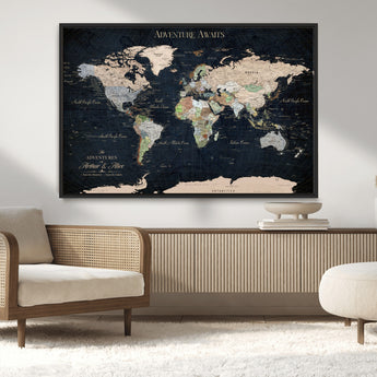 15547583-MGV-CV-36X24-Personalized World Map Wall Art – Rustic Navy Adventure Awaits Travel Map with Custom Couple Names, Vintage Wall Decor for Home or
