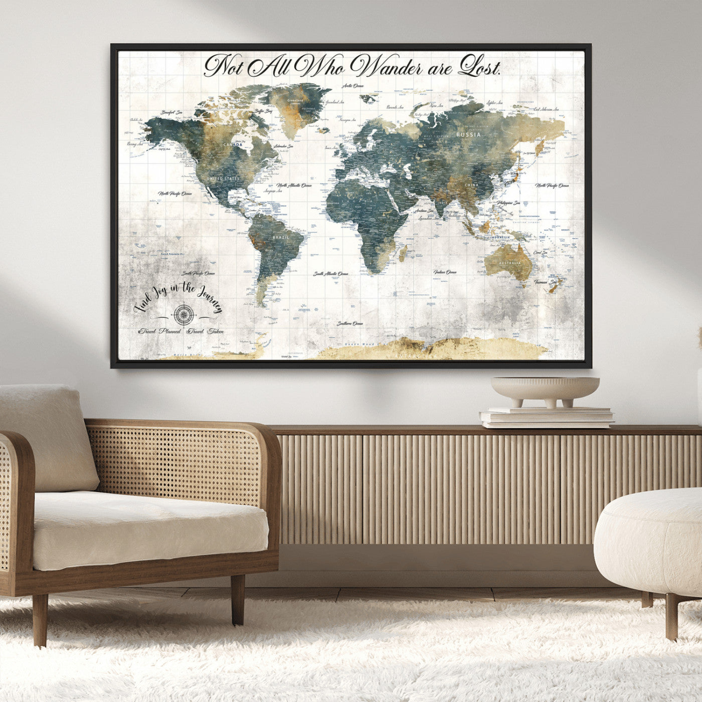 16233493-MGV-CV-36X24-Personalized World Map Wall Art – Rustic Blue Green Wanderlust Travel Map with Custom Couple Names, Vintage Wall Decor for Home